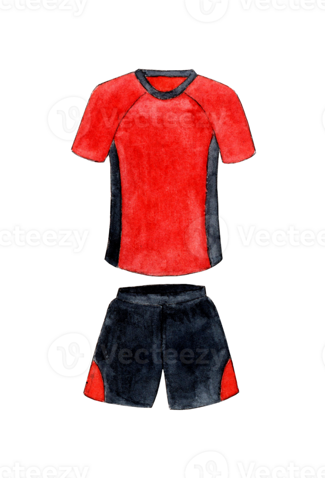 Watercolor illustration of a red-black football uniform. Sports T-shirt and shorts. The layout of the football uniform for the club. Isolated. Drawn by hand. png