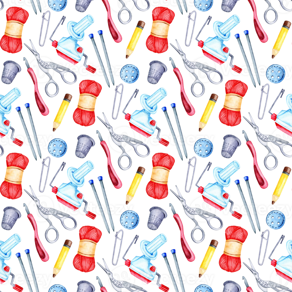 Watercolor pattern knitting tools seamless, repeating pattern. Yarn winder, knitting needles, crochet hook, scissors, skein, pin, thimble, button. Design for fabric, wrapping paper. png