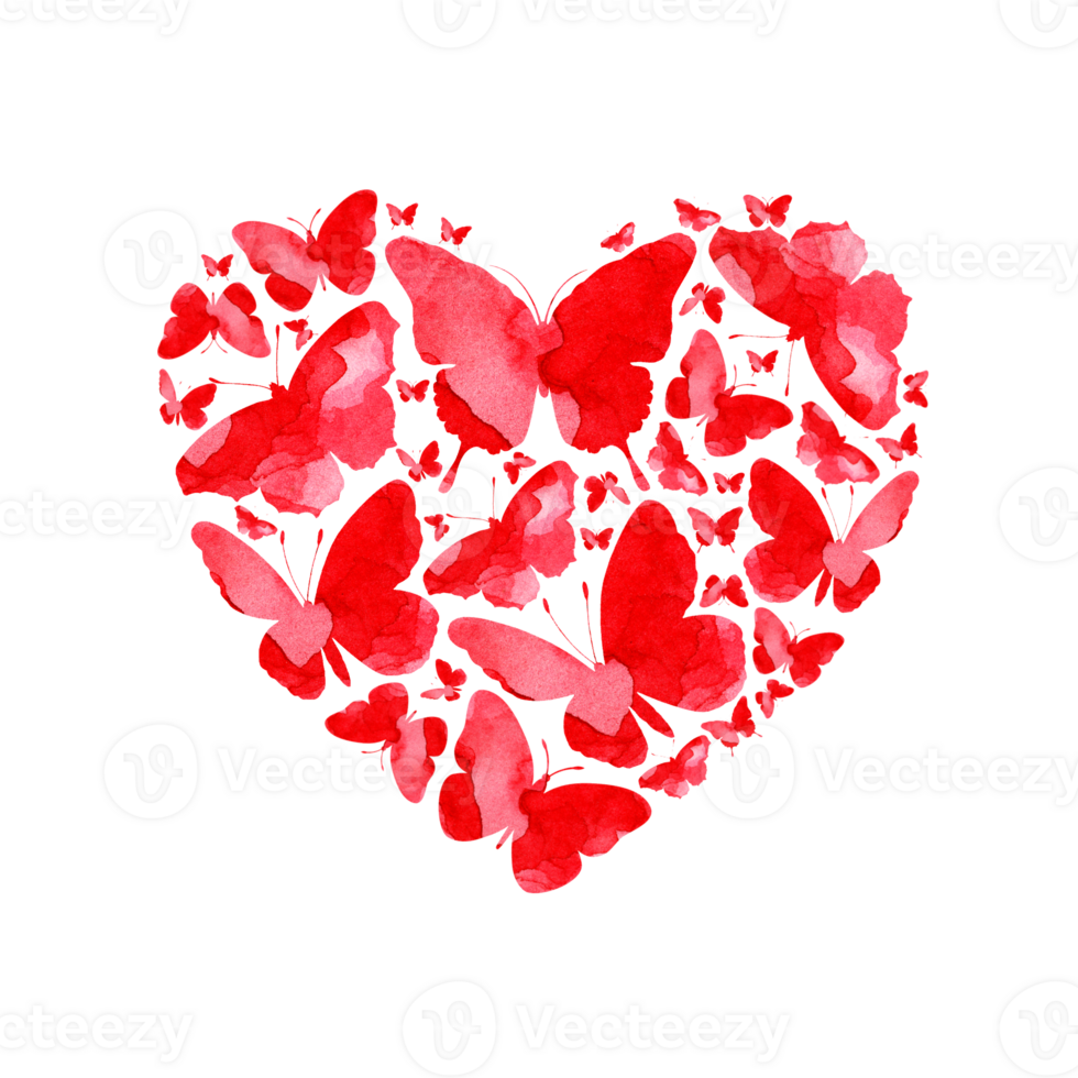 waterverf illustratie van een bruiloft hart gemaakt van rood vlinders. met liefde. gelukkig Valentijnsdag dag. feestelijk uitnodiging poster. geïsoleerd . ontwerp element. getrokken door hand. png