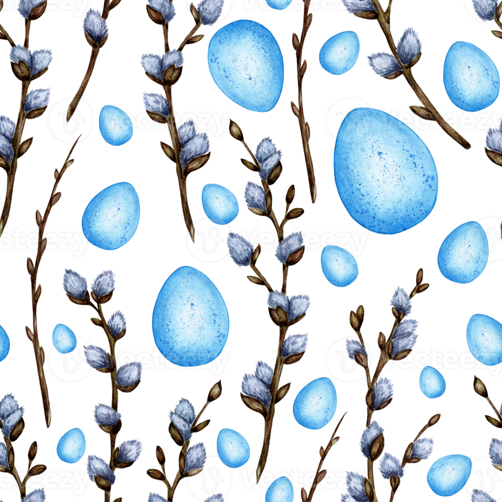 Watercolor illustration of a seamless Easter pattern with blue eggs and pussy willow branches. Religion, tradition, Easter. Isolated . Drawn by hand. png