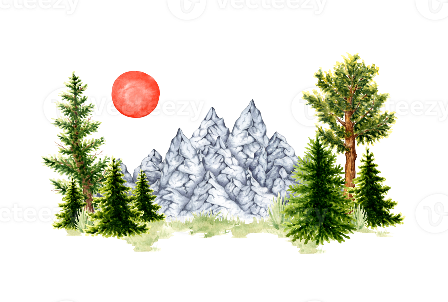 Watercolor illustration of natural landscape. Forest wildlife scene with coniferous trees, grass, mountain ranges and red sun. Create design compositions on the theme of tourism, travel, outdoor png