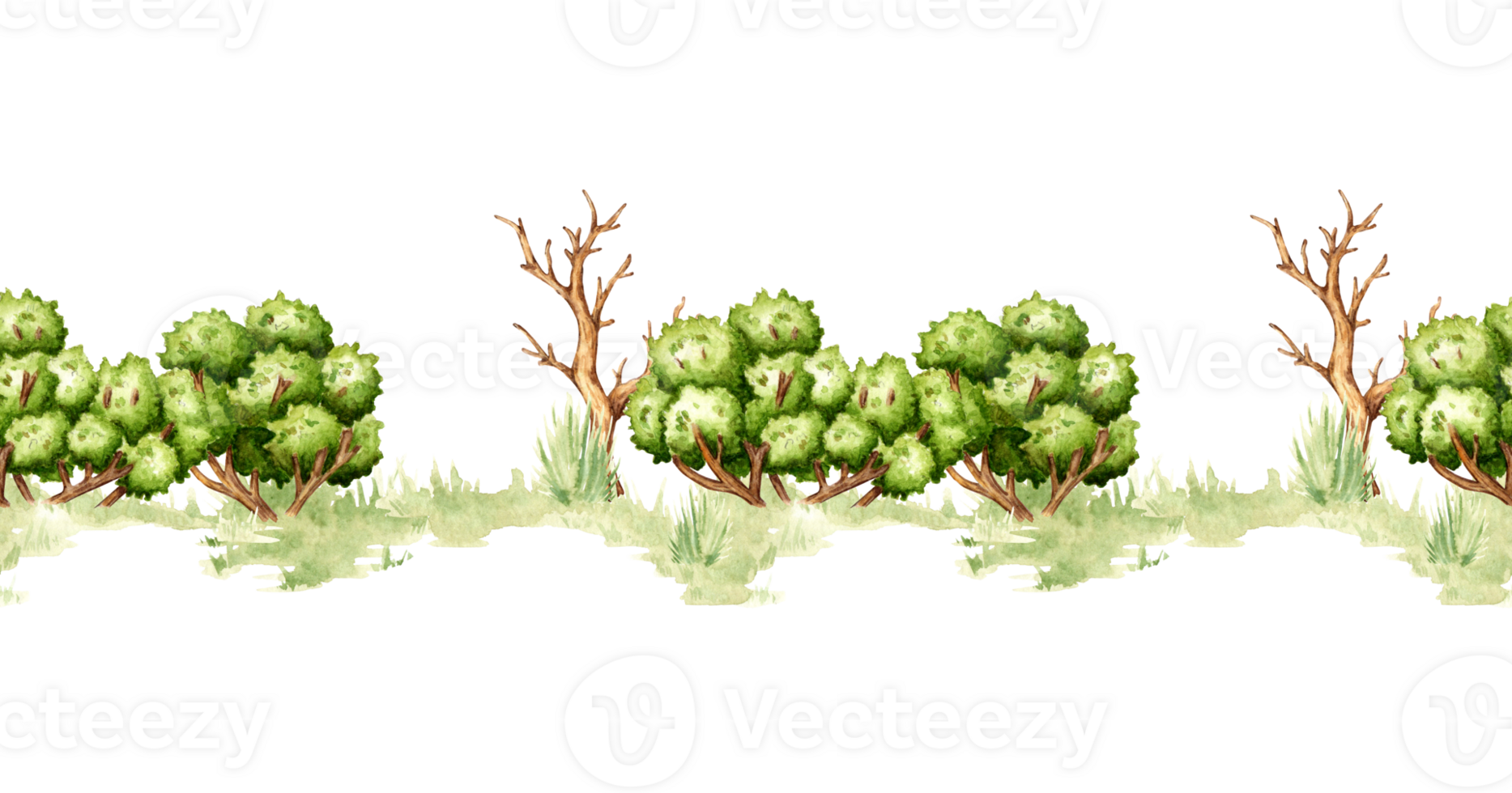 waterverf illustratie patroon horizontaal element van natuurlijk landschap. Woud dieren in het wild tafereel met groen gras, struiken en droog boom. naar componeren composities Aan de thema van Woud, toerisme, reis, png