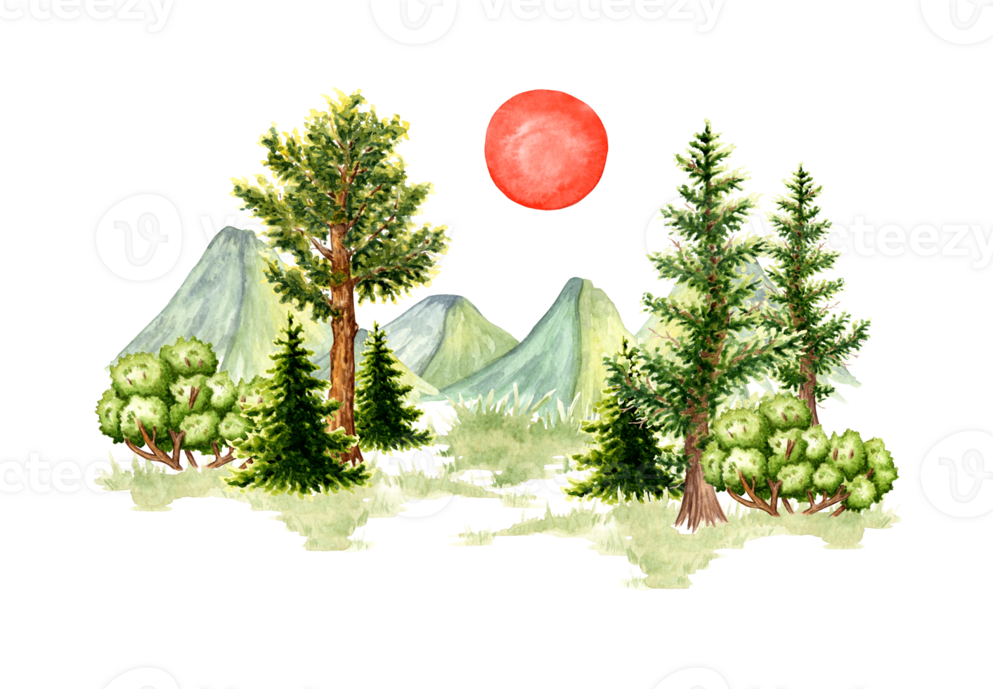 Watercolor illustration of natural landscape. Forest wildlife scene with green grass, mountain ranges and red setting sun. To create design compositions on the theme of tourism, travel, outdoor png