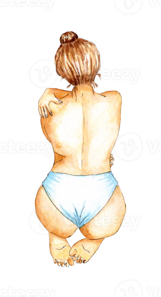 Watercolor illustration of a naked girl sitting with her back and hugging herself. Pose for a photo shoot. Self-love, self-respect, femenism. Isolated . Drawn by hand. png