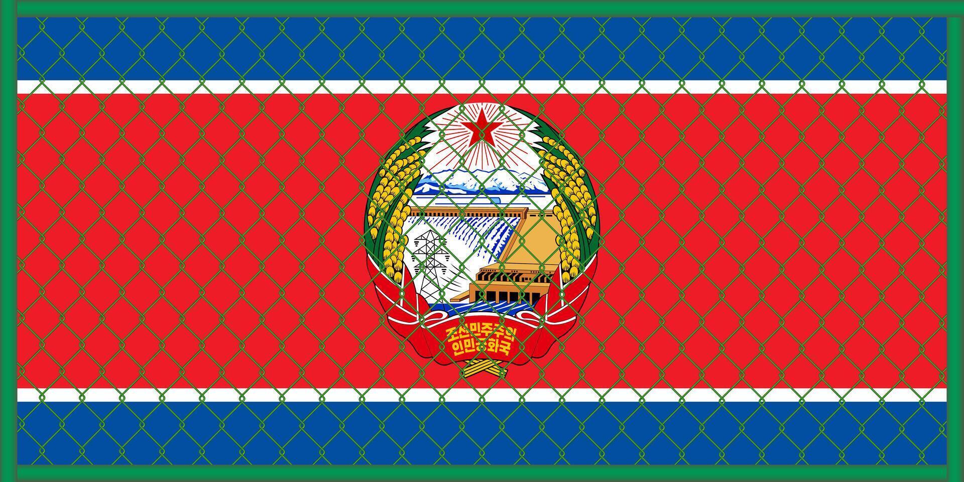 Vector illustration of the North Korea flag and coat of arms under the lattice. Concept of isolationism.