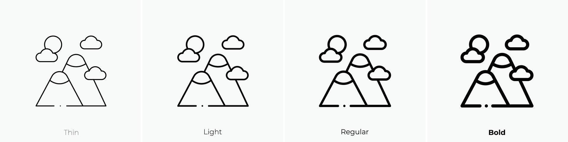 montañas icono. delgado, luz, regular y negrita estilo diseño aislado en blanco antecedentes vector