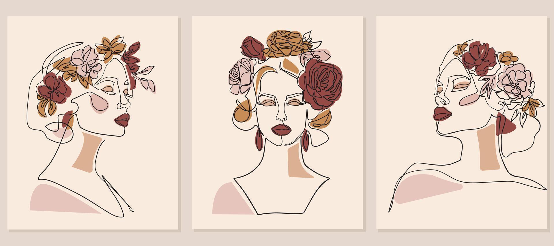 conjunto de mujer retrato con flores en cabeza, ilustración línea dibujo. línea Arte vector