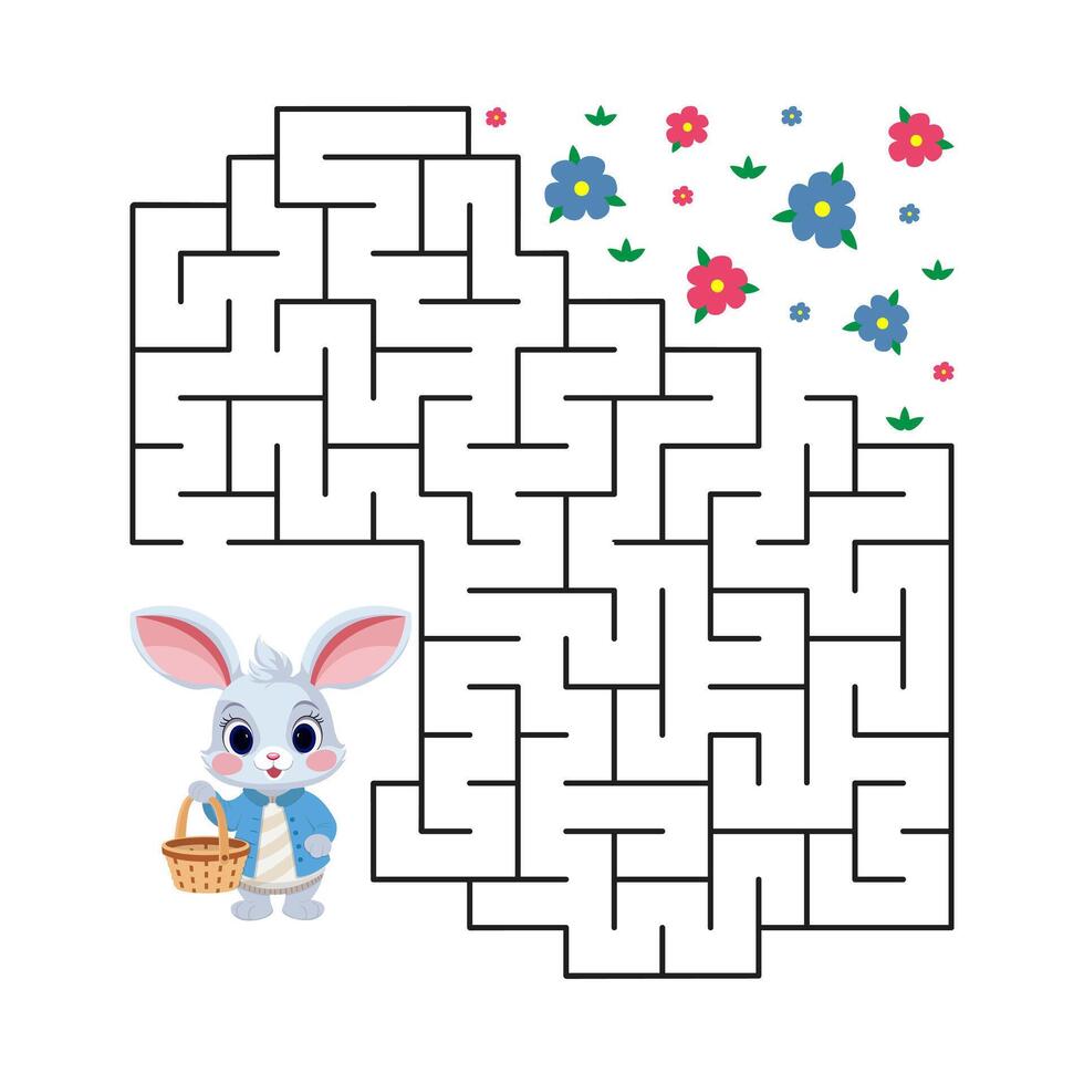 Vector illustration. Maze game for children. Help the rabbit with the basket find the way to the meadow with flowers.