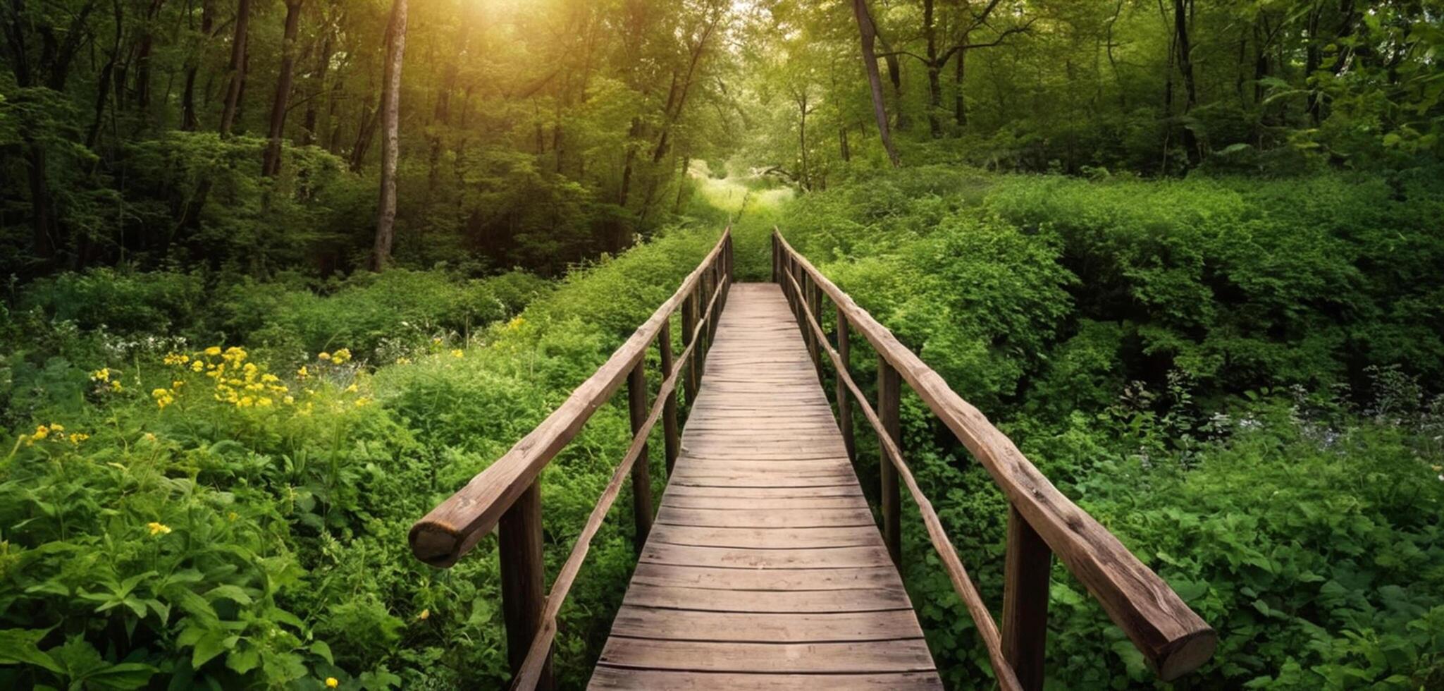 AI generated wooden bridge in the forest, beautiful summertime bridge and lake in natural wooden path panorama image photo