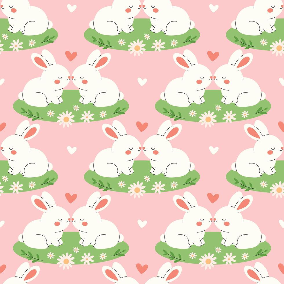 Seamless pattern with rabbitts in love sitting together. Romantic rodents couple on the grass with chamomiles and hearts. Vector flat illustration on pink background