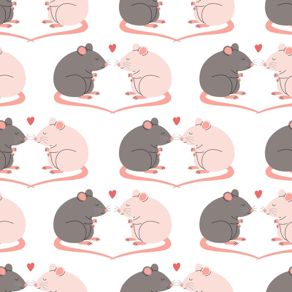 Seamless pattern with rats in love sitting together. Romantic rodents couple with hearts. Vector flat illustration on white background