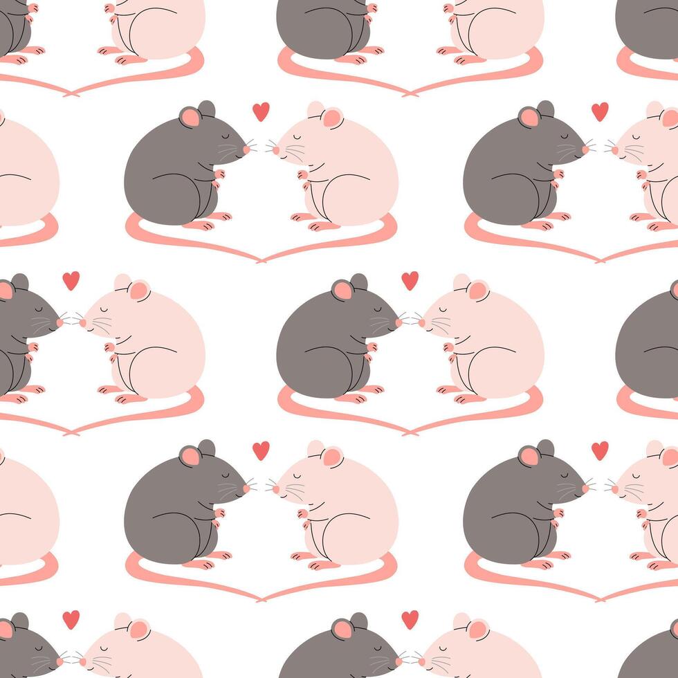 sin costura modelo con ratas en amor sentado juntos. romántico roedores Pareja con corazones. vector plano ilustración en blanco antecedentes