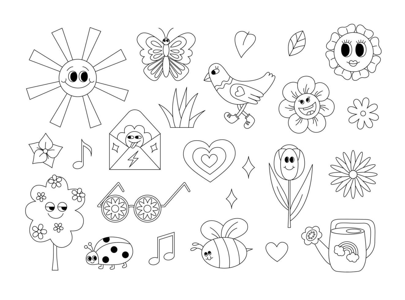 Retro 70s groovy spring and summer elements coloring page. Funky hippie outline set with cartoon flowers, leaves, tree, grass, bird, insects, heart, sun, sunglasses etc. Coloring book for print. vector