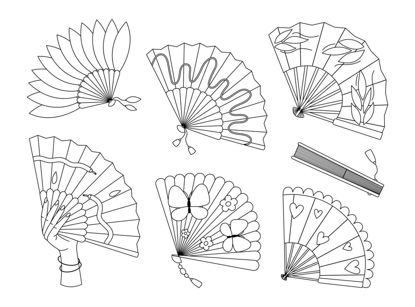 Hand fans coloring page. Asian traditional folding souvenir. Cooling accessory outline set. Collection with different design. Coloring book for print vector