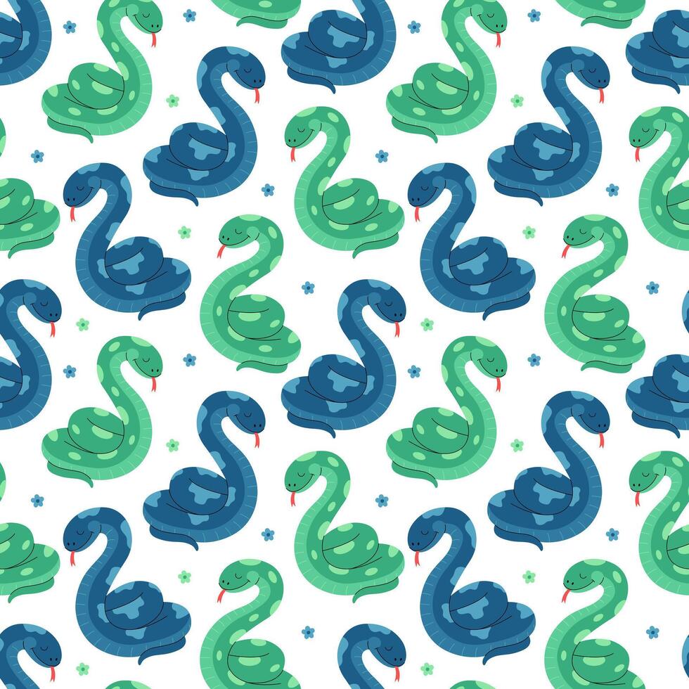 sin costura modelo con verde y azul serpientes manchado reptiles y flores vector plano ilustracion en blanco antecedentes