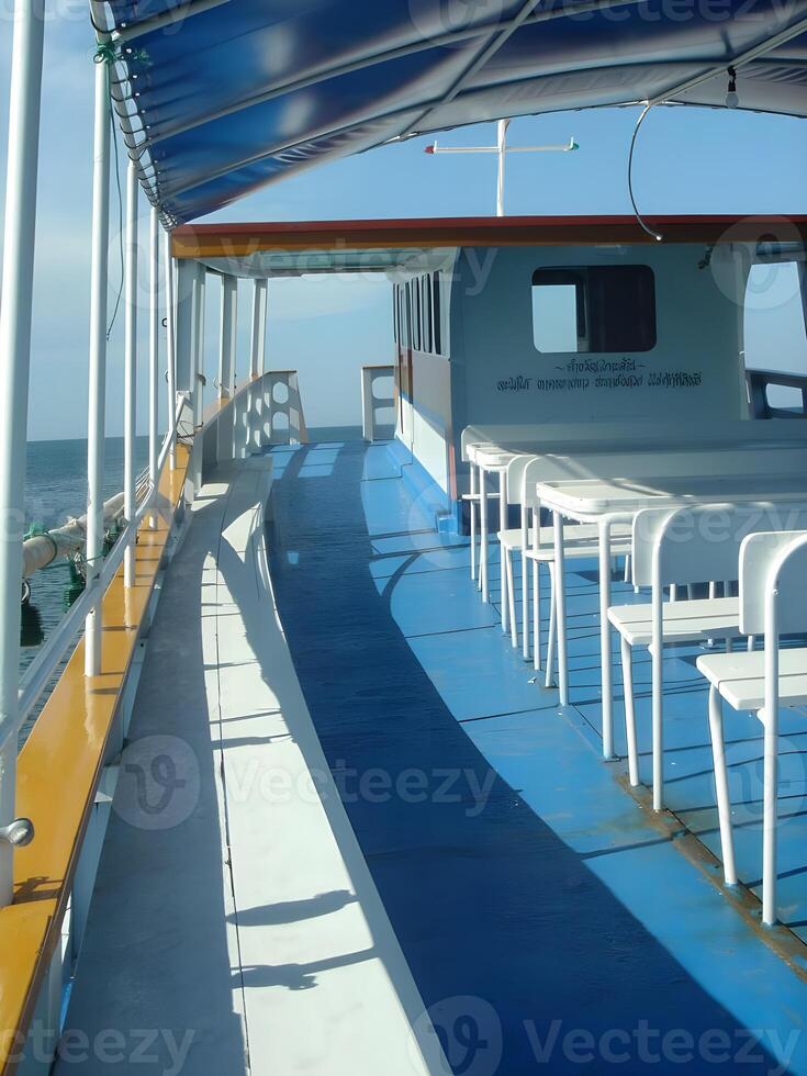 Seaside deck view, ship heading to island photo