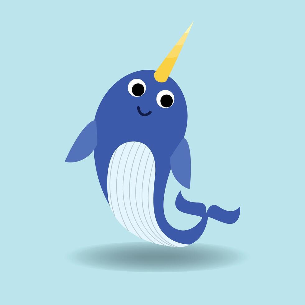 Narwhal cartoon flat style. vector illustration.Baby whale with blue background.Alphabet animal concept