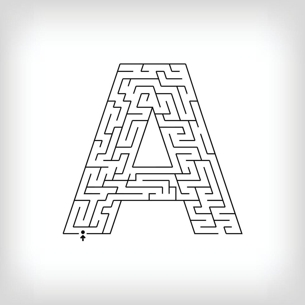 Unique linear letter A maze puzzle. Confusing game and educational activity set. vector