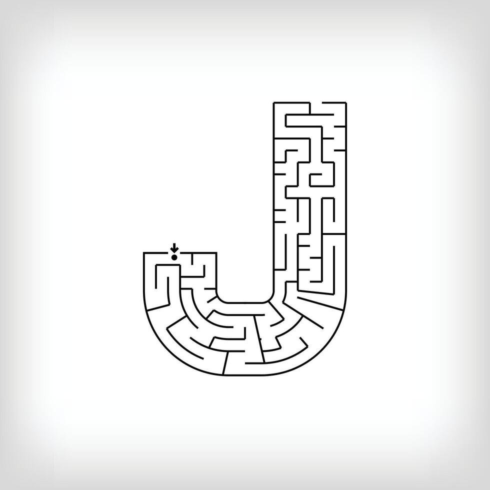 Unique linear letter J maze puzzle. Confusing game and educational activity set. vector