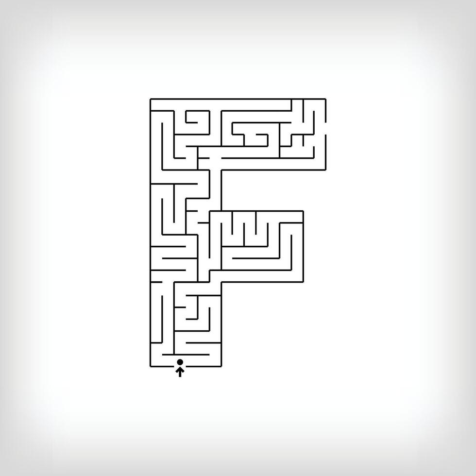 Unique linear letter F maze puzzle. Confusing game and educational activity set. vector