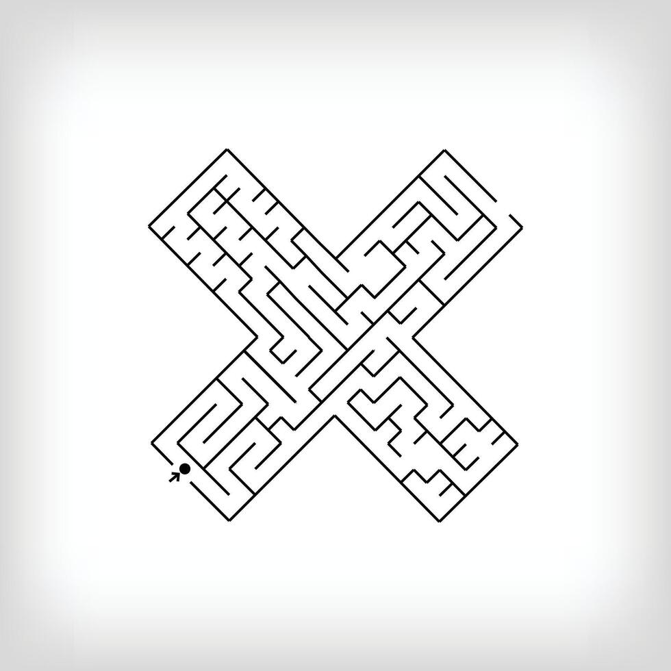 Linear letter multiplication sign maze puzzle. Confusing game and educational activity set. vector