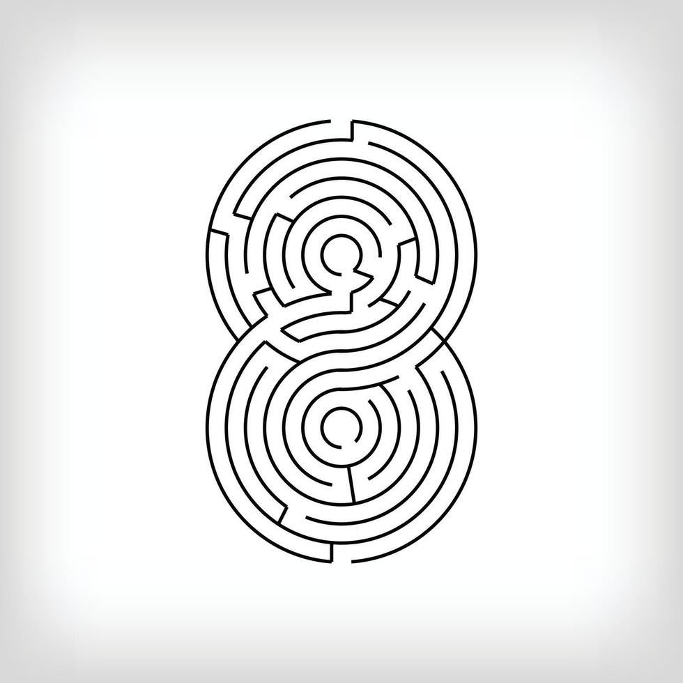 Unique linear number 8 maze puzzle. The most confusing gaming activity. vector