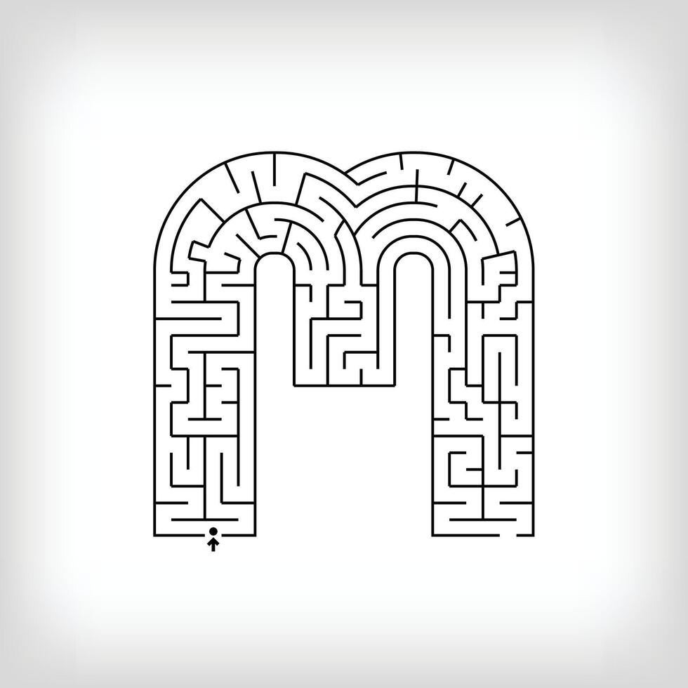 Unique linear letter M maze puzzle. Confusing game and educational activity set. vector