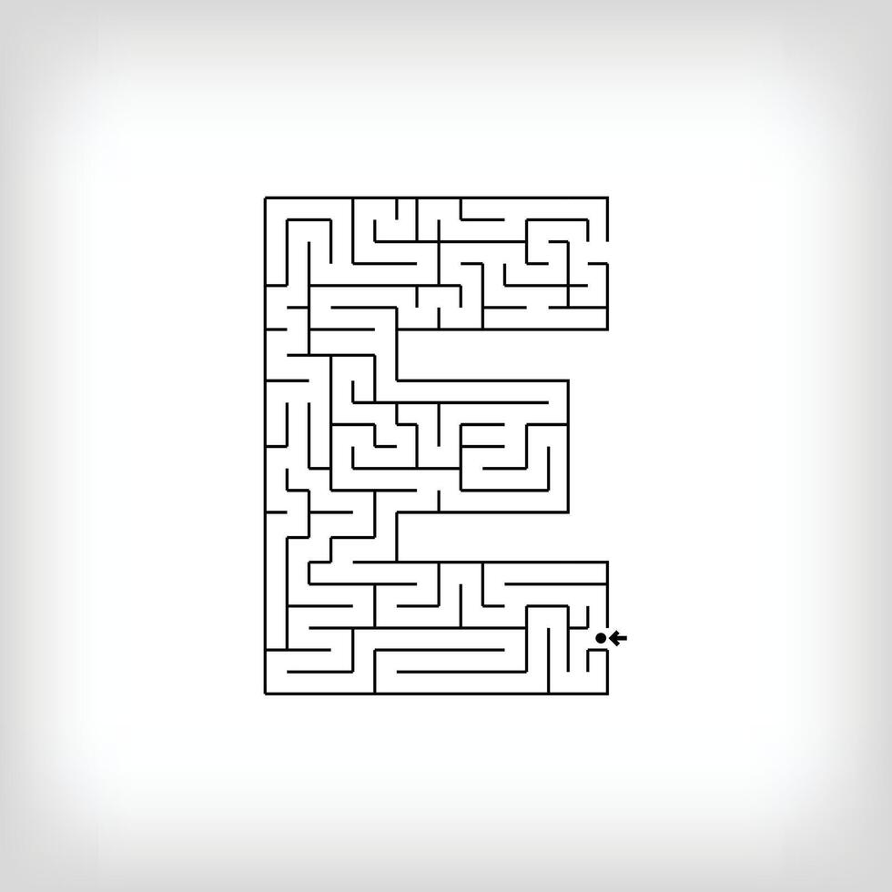 Unique linear letter E maze puzzle. Confusing game and educational activity set. vector