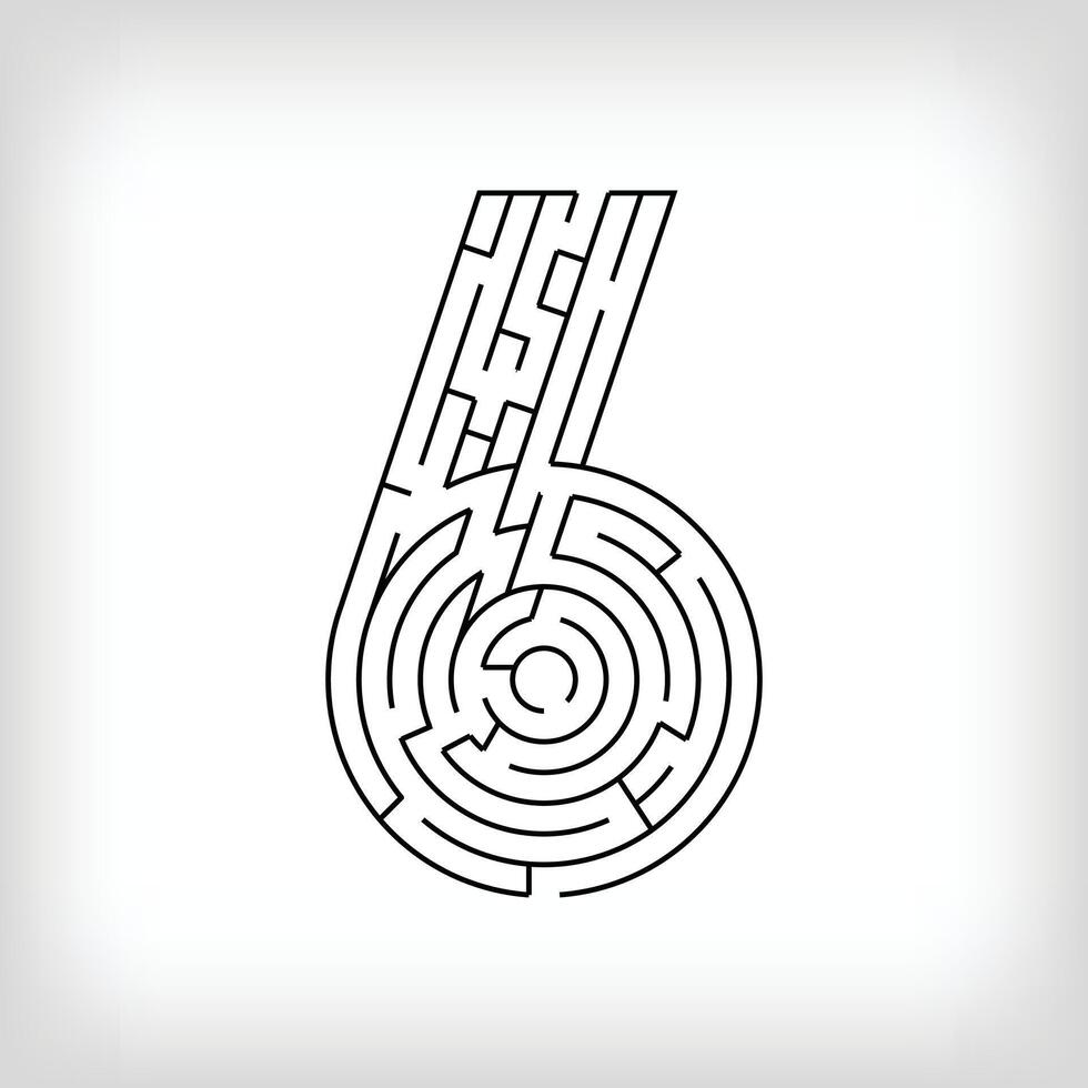 Unique linear number 6 maze puzzle. The most confusing gaming activity. vector