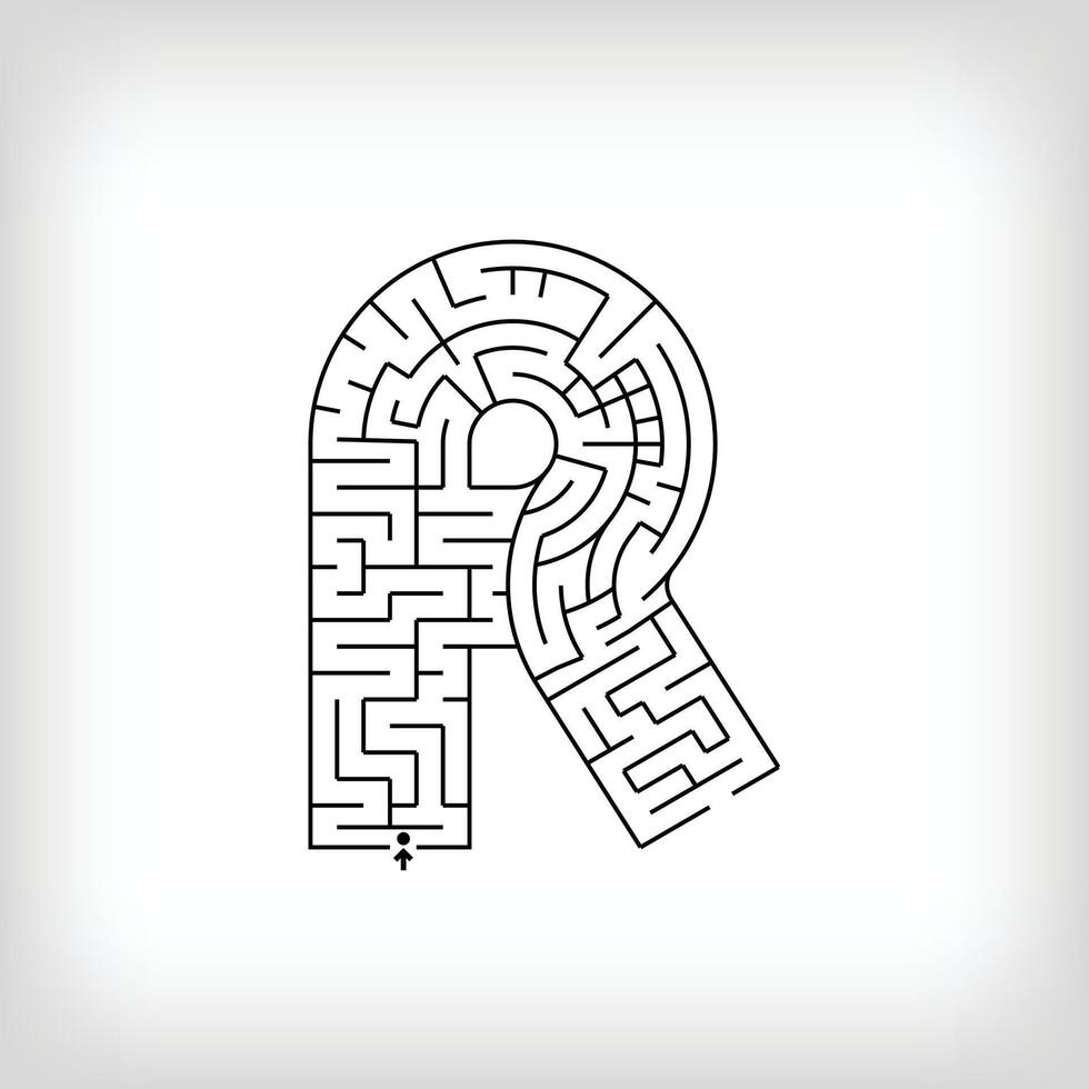Unique linear letter R maze puzzle. Confusing game and educational activity set. vector