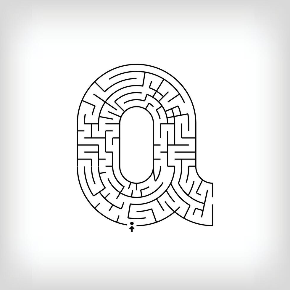 Unique linear letter Q maze puzzle. Confusing game and educational activity set. vector