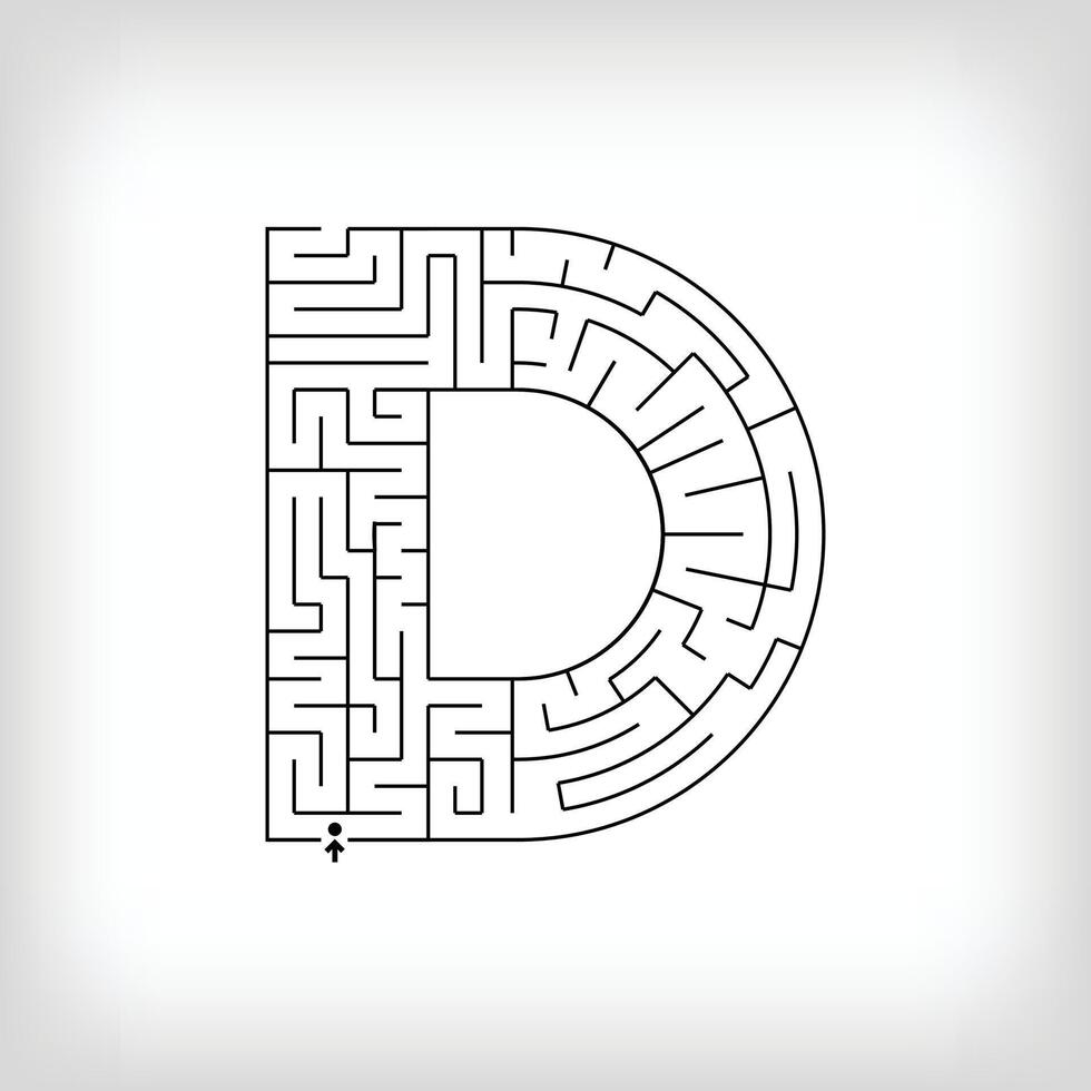 Unique linear letter D maze puzzle. Confusing game and educational activity set. vector