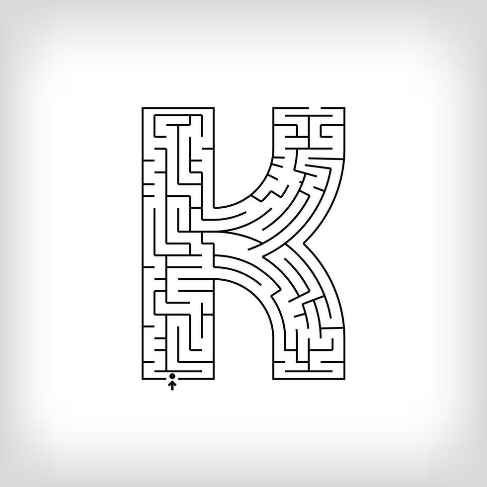 Unique linear letter K maze puzzle. Confusing game and educational activity set. vector