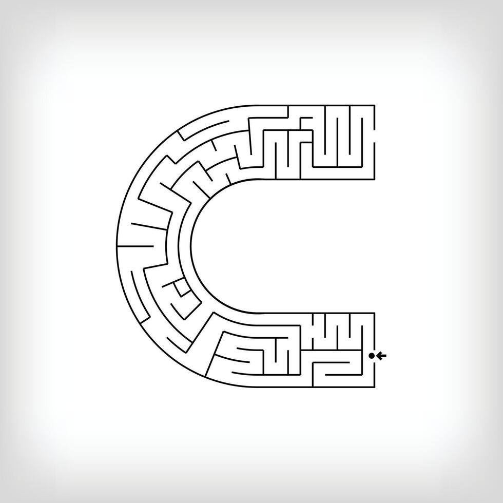 Unique linear letter C maze puzzle. Confusing game and educational activity set. vector