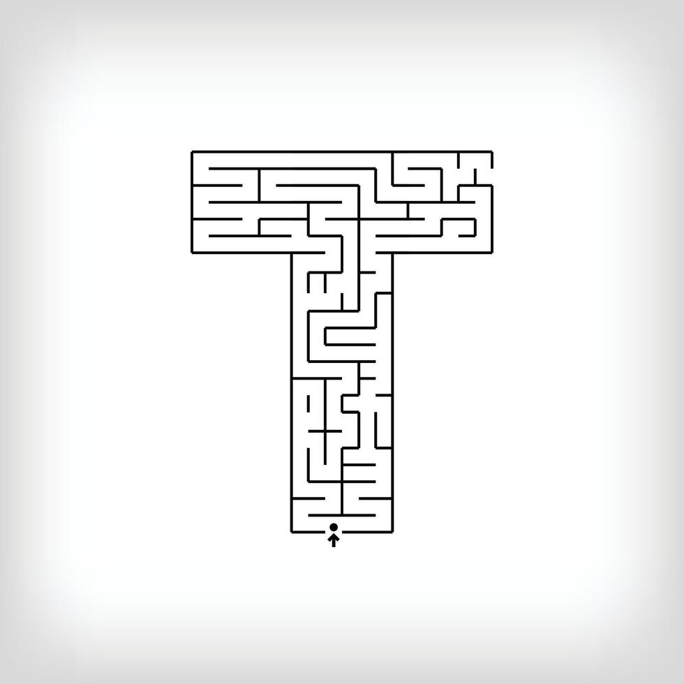 Unique linear letter T maze puzzle. Confusing game and educational activity set. vector