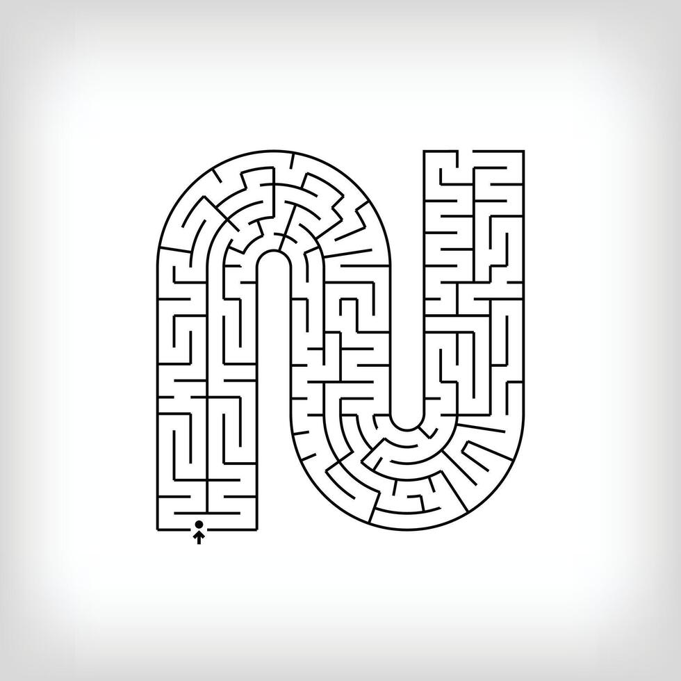 Unique linear letter N maze puzzle. Confusing game and educational activity set. vector