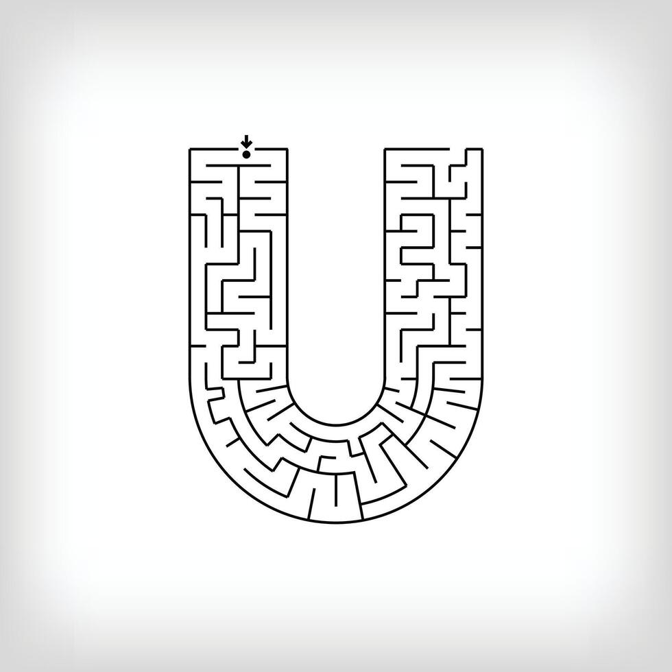 Unique linear letter U maze puzzle. Confusing game and educational activity set. vector