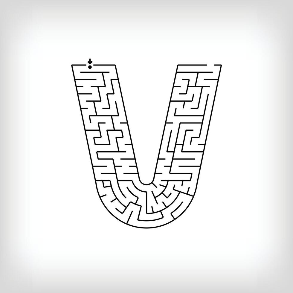 Unique linear letter V maze puzzle. Confusing game and educational activity set. vector