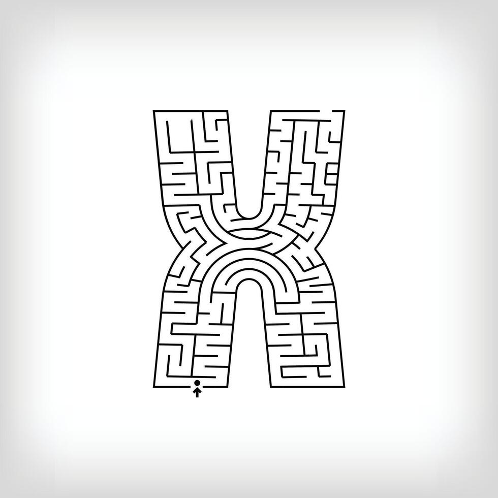 Unique linear letter X maze puzzle. Confusing game and educational activity set. vector