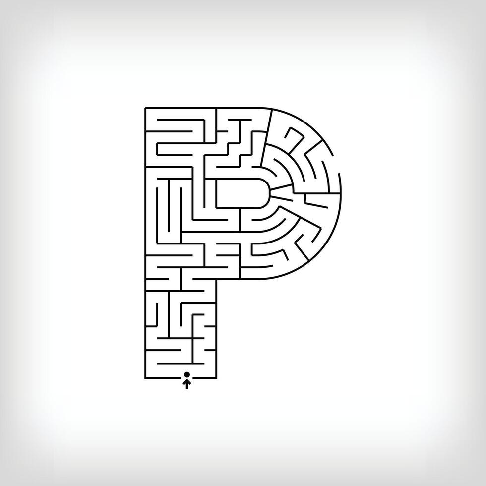 Unique linear letter P maze puzzle. Confusing game and educational activity set. vector