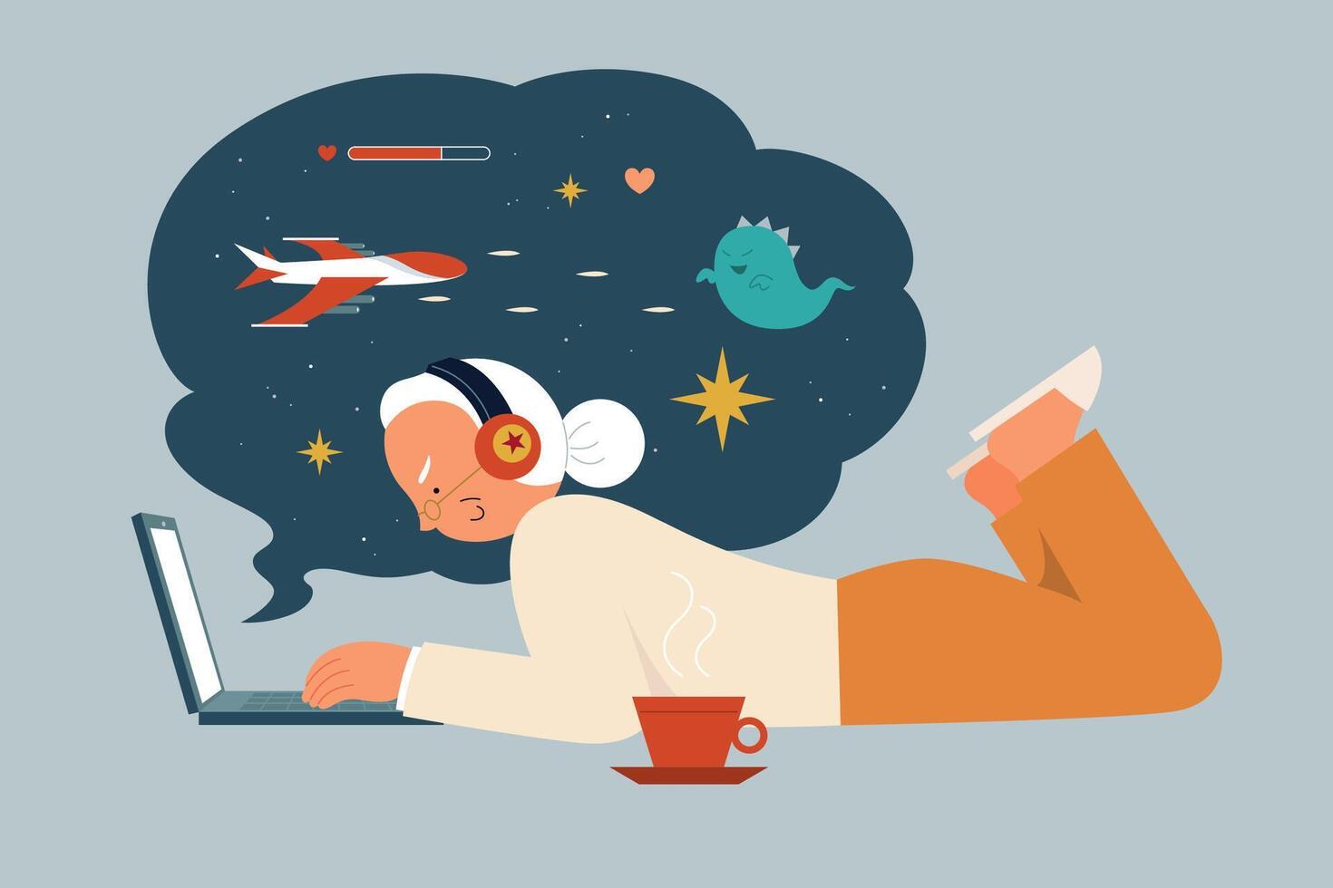 Flat illustration of senior woman wearing headphones lying on floor playing games on laptop, with video game graphics in the background vector
