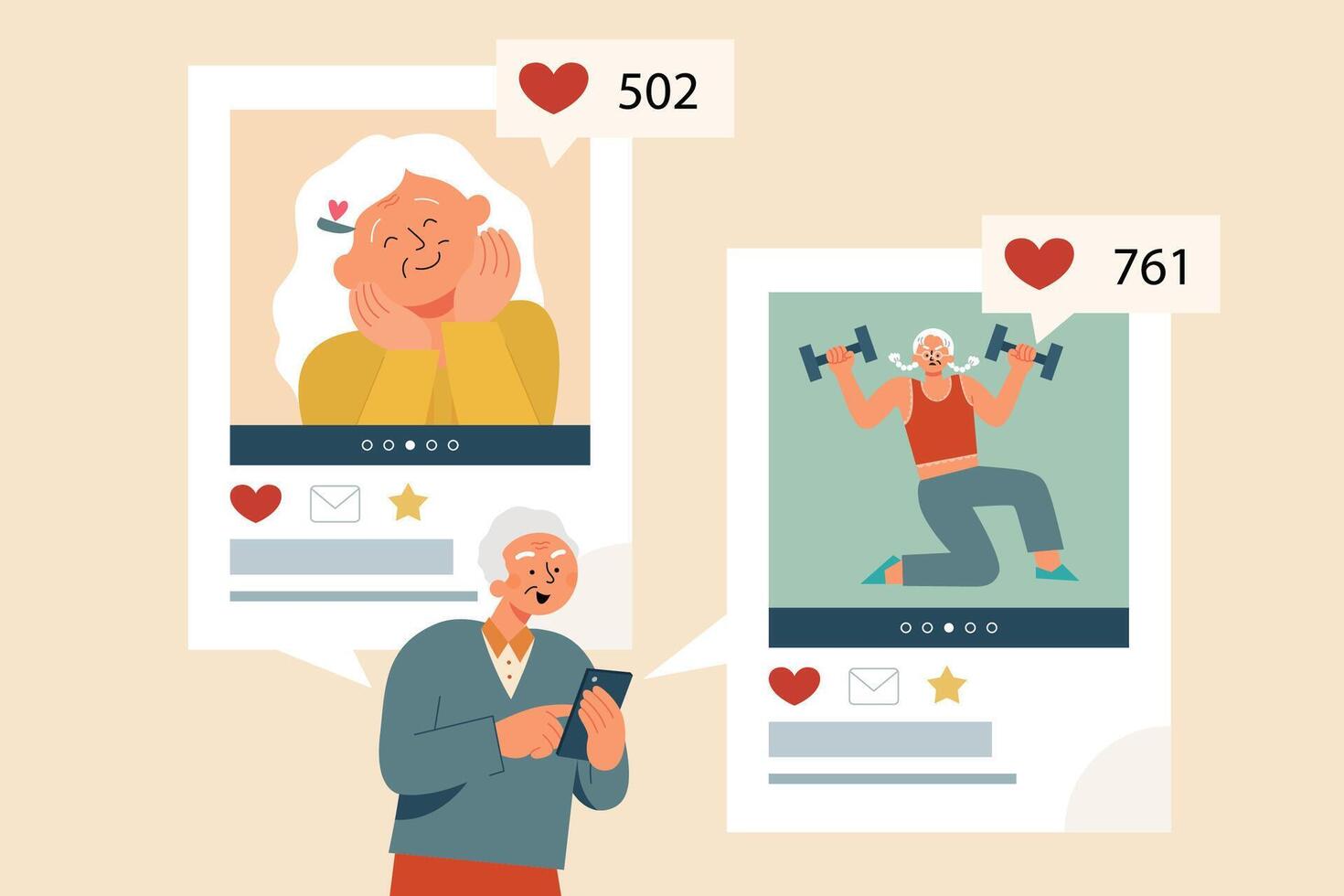 Flat illustration of senior man using social media photos app on his mobile phone and giving likes to elderly woman pictures vector