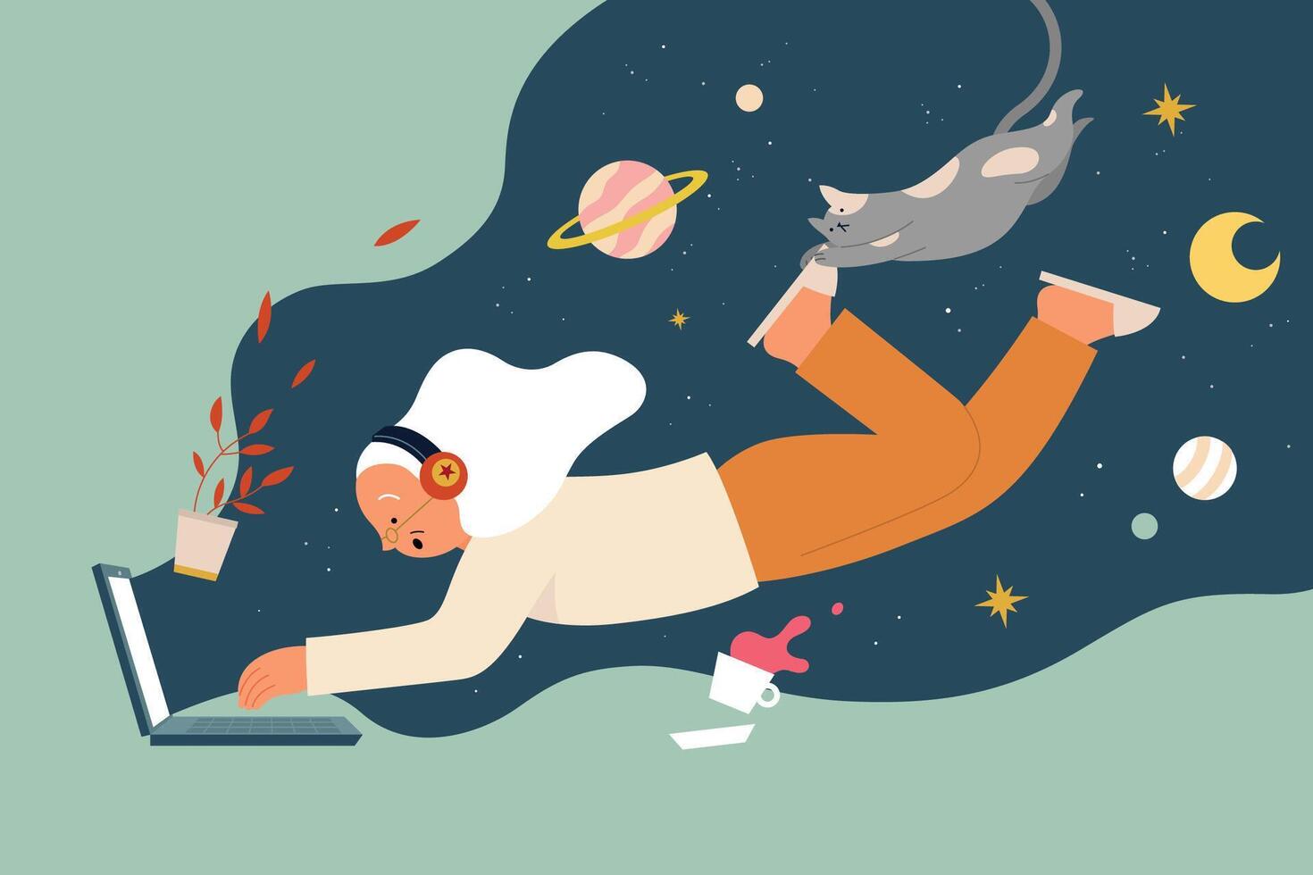 Flat illustration of elderly woman wearing headphones exploring space online on laptop, with stars and planet in background. Concept of multi-purpose Internet uses vector