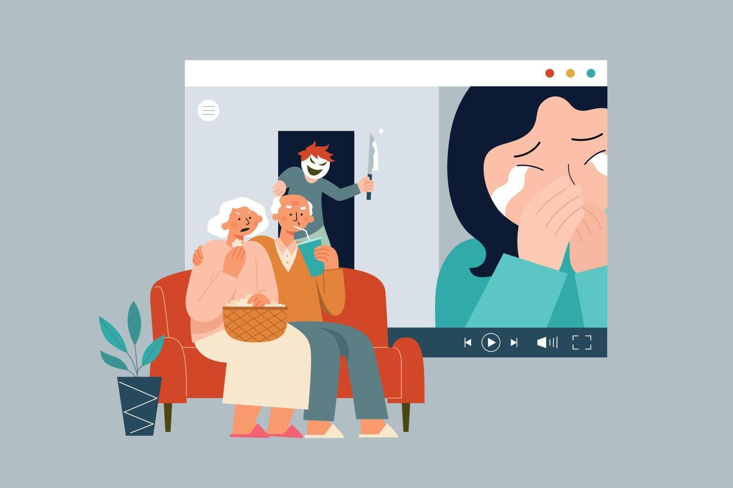 Flat illustration of senior couple watching a thriller movie online while at home vector