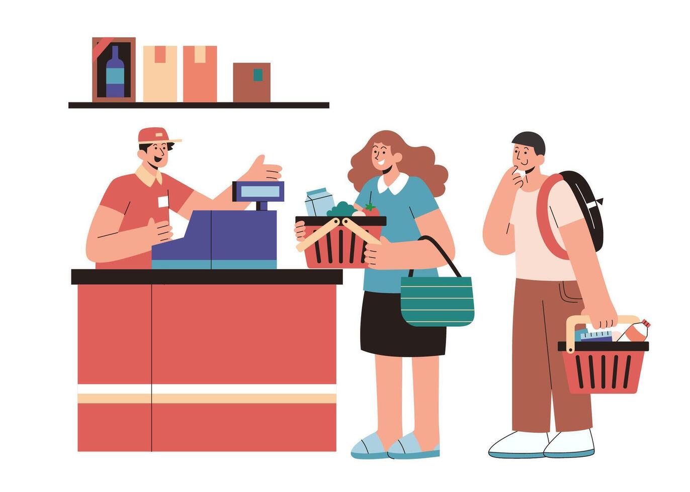People waiting at the checkout in flat style illustration. People carrying baskets waiting in line at the checkout counter in supermarket vector