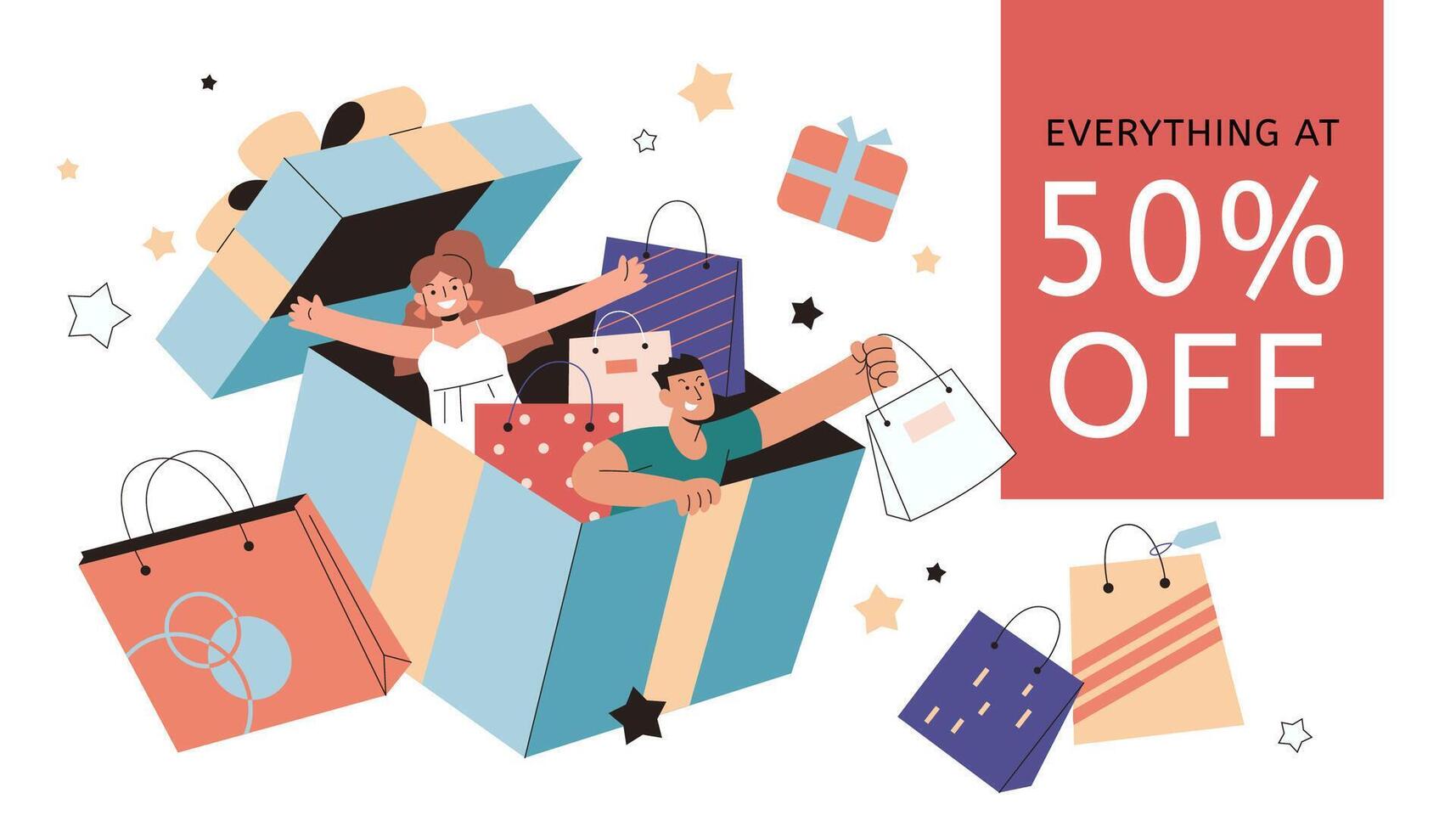 Great discount sale banner in flat style illustration. Boy and girl coming out of a large gift box with shopping bags floating around vector