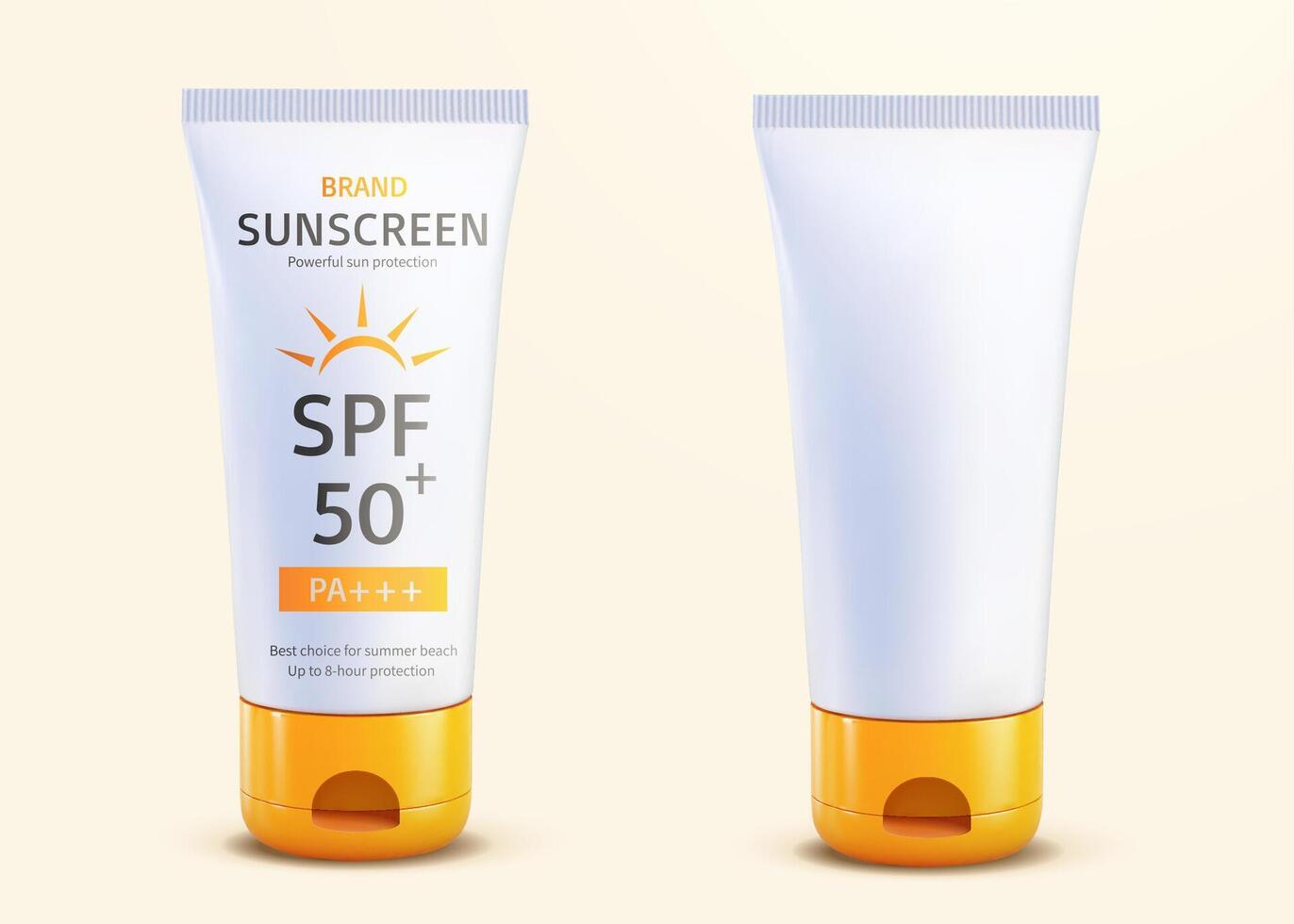 3d summer sunscreen tube mockup. Elements of sunblock container with orange flip cap. Product used for UV protection, personal skincare vector