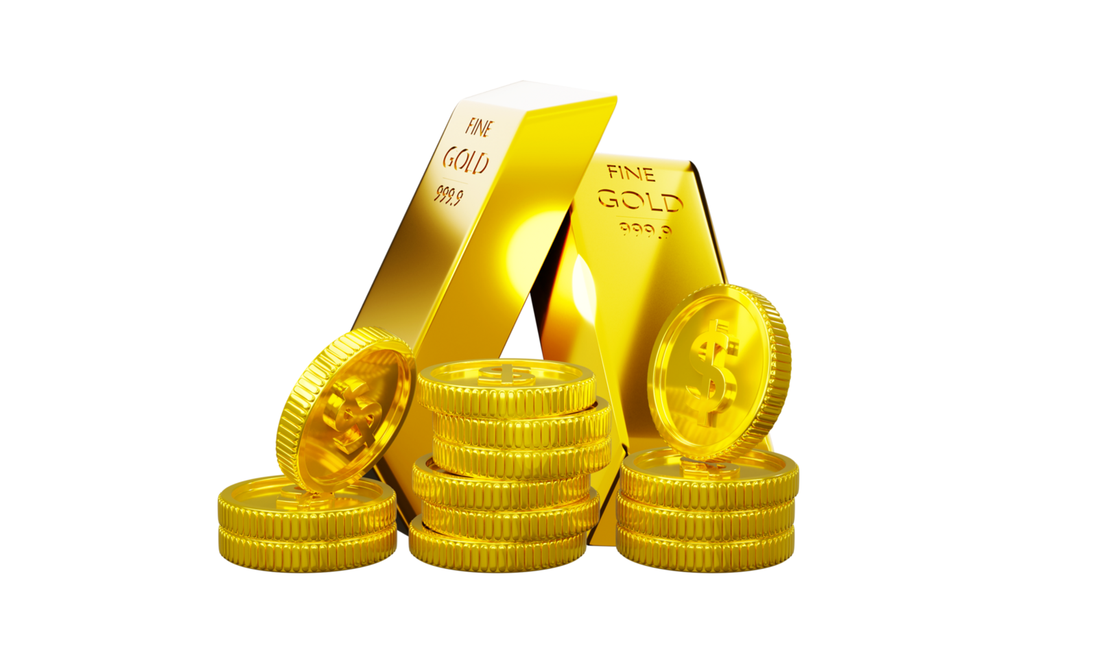 transprency 3d rendering Golden Stack of Money Coins and Gold bars png