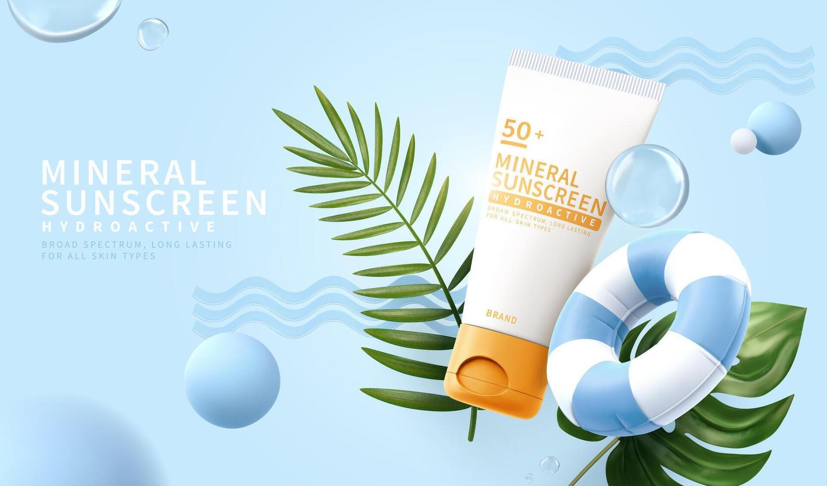 3d mínimo cosmético anuncio para verano protección de la piel productos protector solar tubo Bosquejo con tropical hojas, nadando anillo y decorativo pelotas. vector