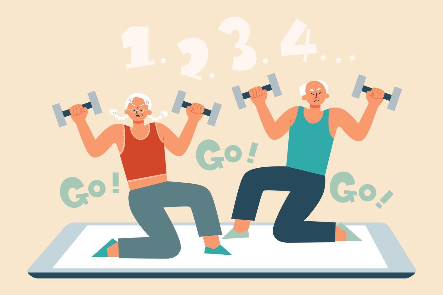 Flat illustration of senior man and woman in sports wear working out using dumbbells over a digital device vector